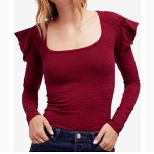 Free People Red Penelope Puff Sleeve Tee Shirt